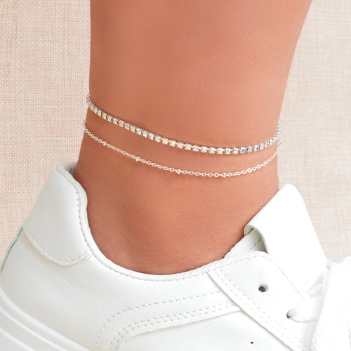 Summer Rhinestone Decor Double Layer Silver Chain Anklet Beach Foot
