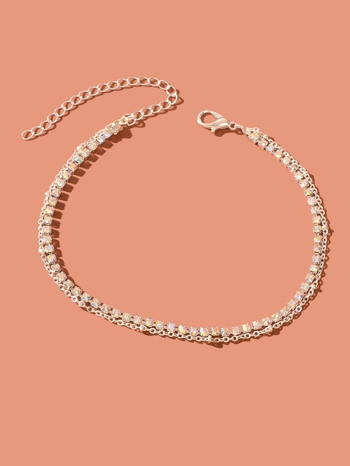 Summer Rhinestone Decor Double Layer Silver Chain Anklet Beach Foot