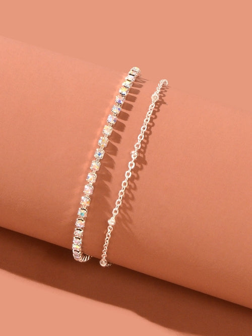 Summer Rhinestone Decor Double Layer Silver Chain Anklet Beach Foot