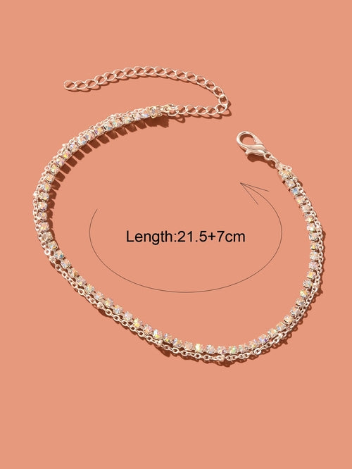 Summer Rhinestone Decor Double Layer Silver Chain Anklet Beach Foot